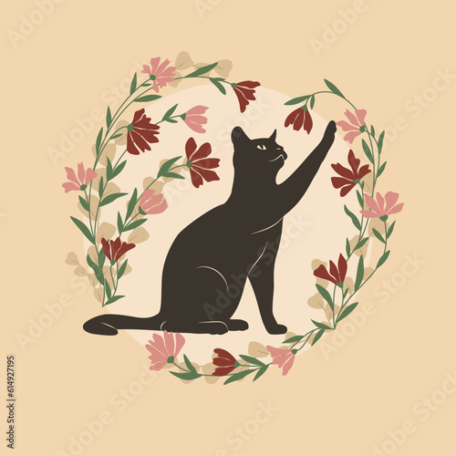 Dekoracyjna grafika z bawiącym się uroczym kotem na żółtym tle. Kwiatowa ramka i czarny kot. Ilustracja wektorowa.