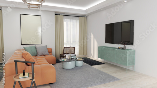 Modern living room interior design. 3D render illustration mock up