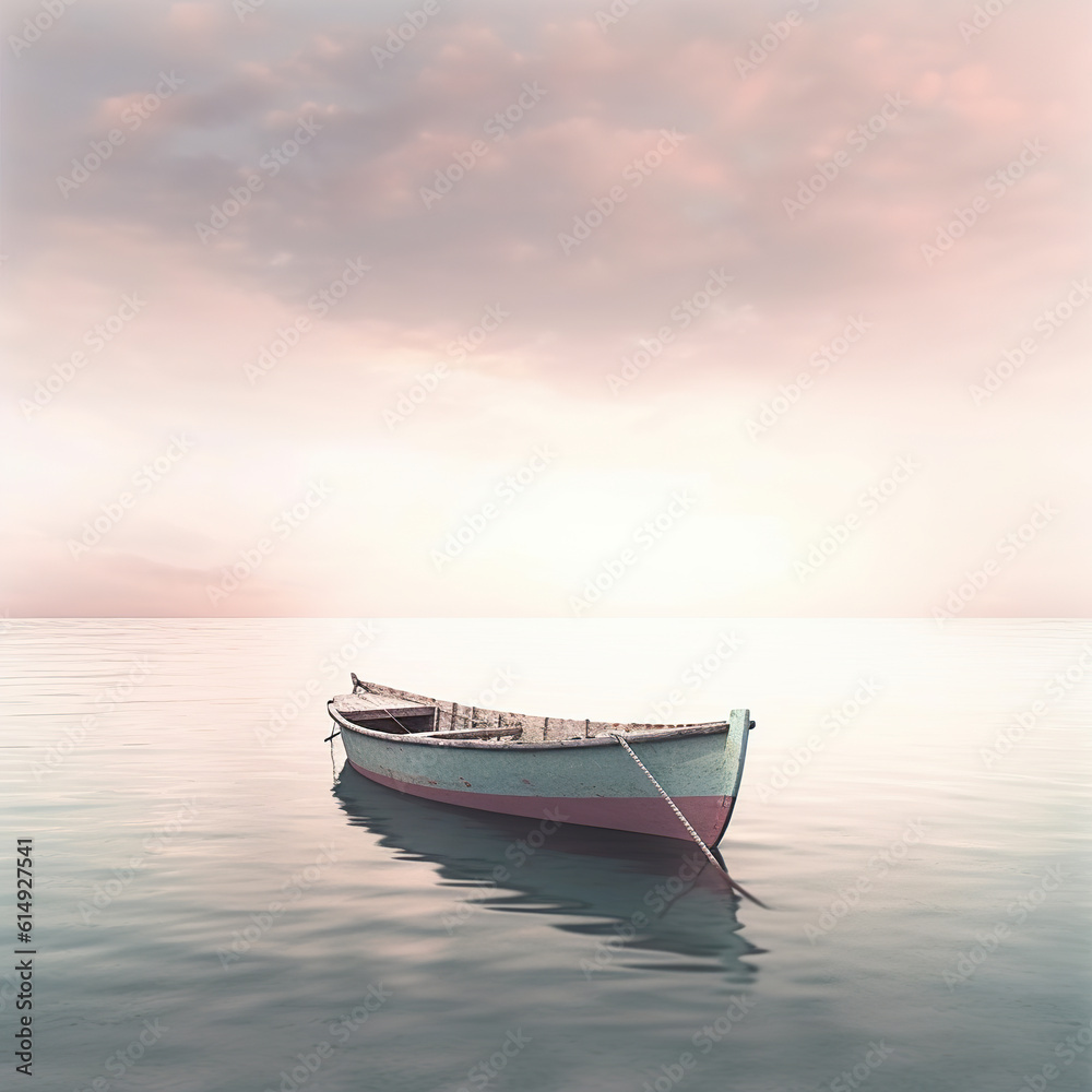 Painting of a boat on a lake in contemporary art in pastel color. Painting of a boat on the water. Realistic 3D illustration. Generative AI