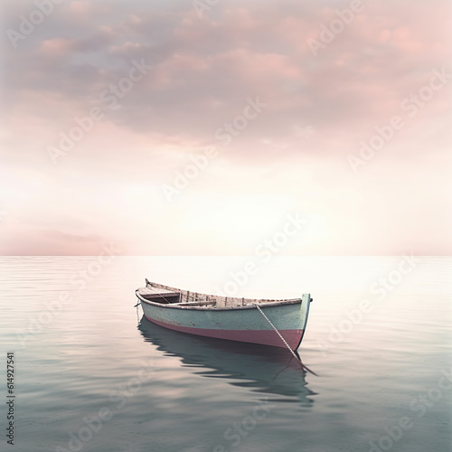 Painting of a boat on a lake in contemporary art in pastel color. Painting of a boat on the water. Realistic 3D illustration. Generative AI