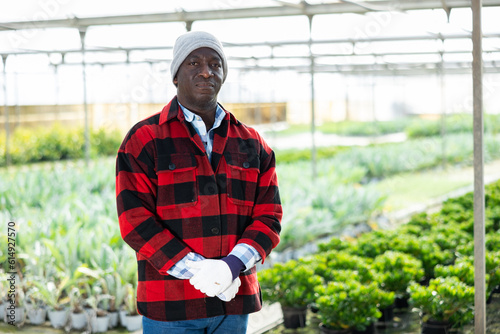 Portrait of a hardworking african american man farmer standing in a greenhouse
