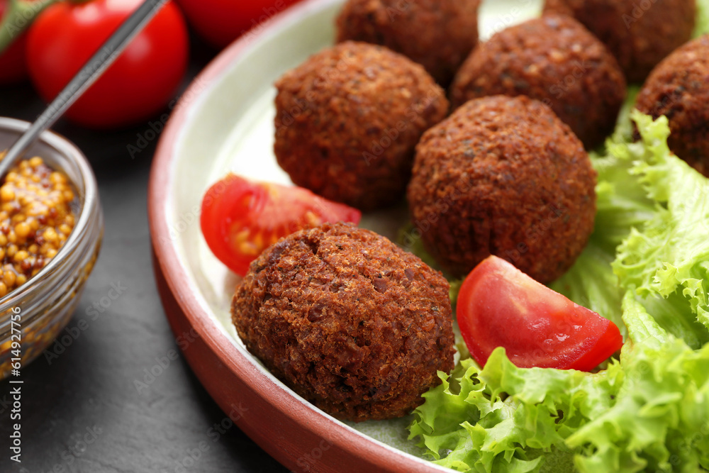 Delicious falafel balls, tomatoes and lettuce on dark table, closeup. Vegan meat products Delicious falafel balls, tomatoes and lettuce on dark table, closeup. Vegan meat products