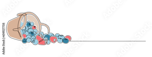 Blueberries and berries in basket in one continuous line drawing. Fruit and strawberries in simple linear style. Label for jam and yogurt banner in editable stroke. Color doodle vector illustration