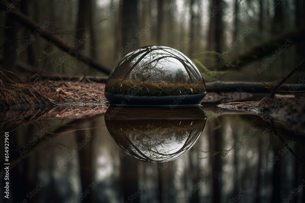 Circular object in forest with water reflection. Generative AI