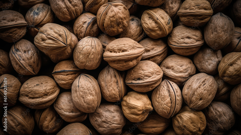 Close up walnuts full frame fresh fruit background. Organic walnuts. Walnuts top down view seamless background. Healthy ripe nuts. Realistic 3D illustration. Generative AI Close up walnuts full frame fresh fruit background. Organic walnuts. Walnuts top down view seamless background. Healthy ripe nuts. Realistic 3D illustration. Generative AI