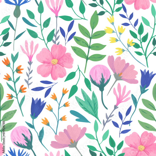 Vector seamless pattern with simple romantic pink flowers. Hand-drawn illustration in watercolor style.