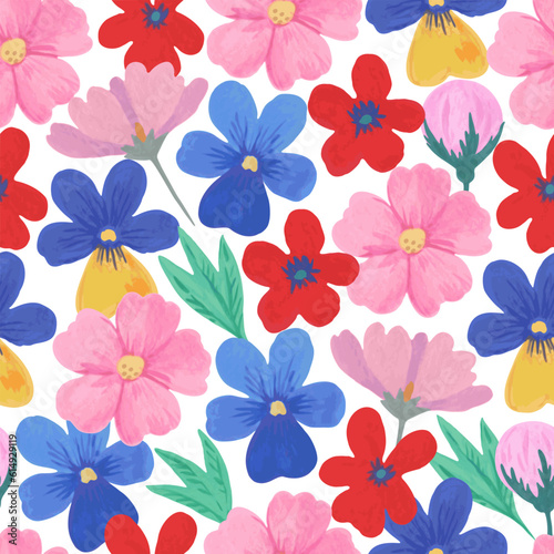 Colorful seamless pattern with cute hand-drawn floral elements in retro style. Festive trendy print for textile and design.