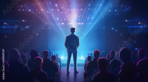 Illustration of a motivational young speaker performing on stage back view. Speaker or talking on stage with spotlight and many people listening. Business mindset concept. Generative AI