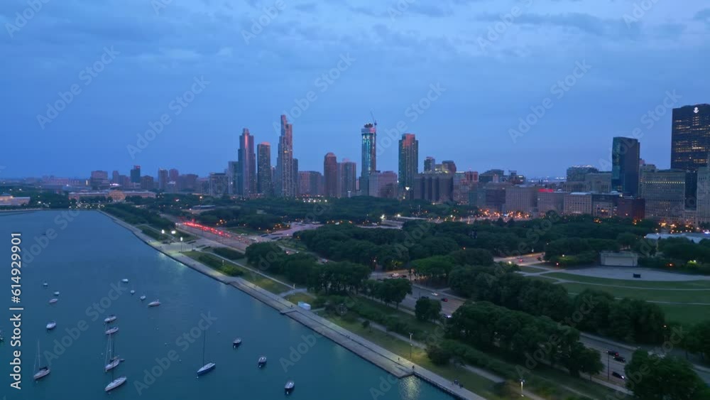 Chicago city center in the evening from above - aerial photography by drone Chicago city center in the evening from above - aerial photography by drone