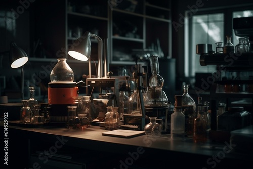 Science equipment in a laboratory. Generative AI © Mason