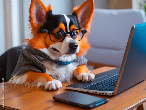 Adorable Boss nerd dog working on remote project online conference. Generative AI © Diatomic