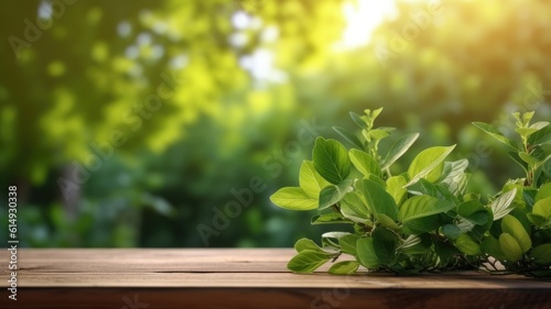 Spring summer beautiful natural background with green foliage in sunlight and empty wooden table outdoors.