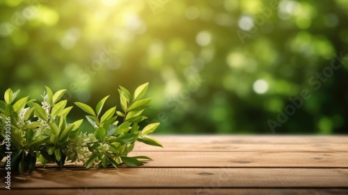 Spring summer beautiful natural background with green foliage in sunlight and empty wooden table outdoors.