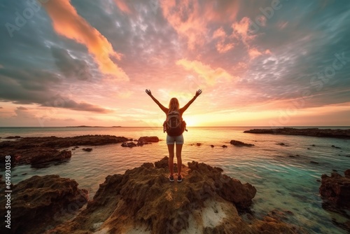 Strong confidence woman with a backpack with arms up relaxing on sunset at the seaside - Happy traveler enjoying freedom 