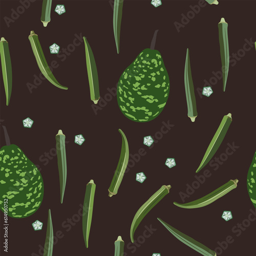 Seamless pattern with exotic vegetables. Pods or fruits and slices of okra and speckled bottle gourd or green calabash opo squash. On brown background.