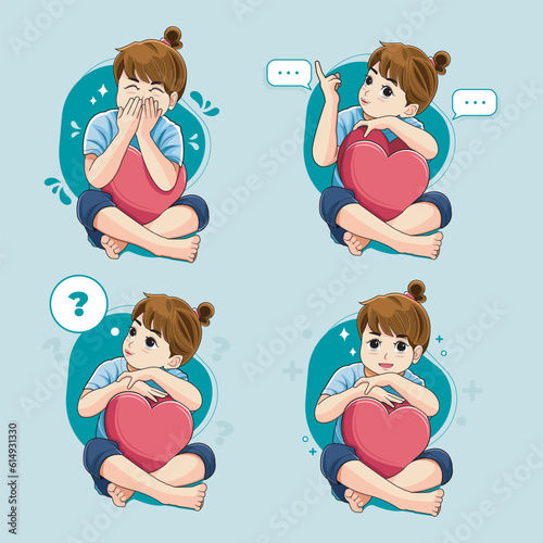 Set of happy little cute girl character vector illustration