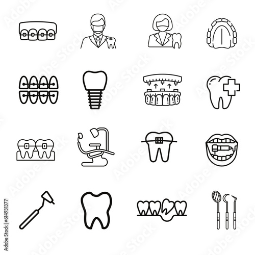 Dentist, orthodontics line icon. Dental care kits, braces, dental prostheses, veneers, threads, caries treatment and other medical elements.