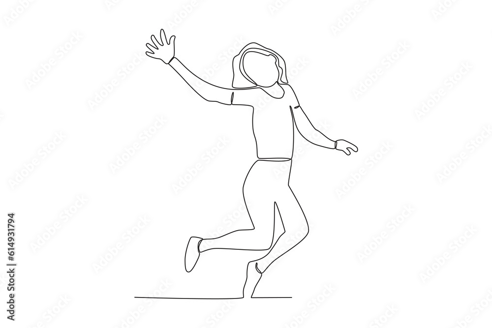 A woman waved his hand happily. World youth day one-line drawing