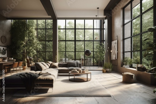 Illustration of contemporary living space with expansive French windows. Generative AI