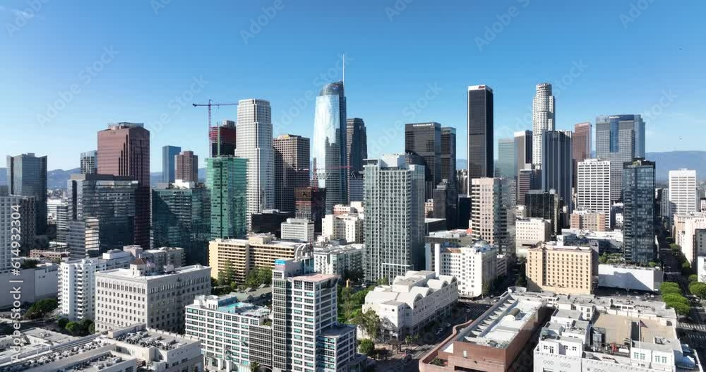 Los Angeles. Fly on LA city center by drone, top aerial view. American megalopolis, business center. Los Angeles, CA, USA, May 10, 2022. Los Angeles. Fly on LA city center by drone, top aerial view. American megalopolis, business center. Los Angeles, CA, USA, May 10, 2022.