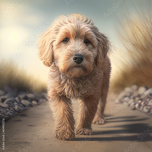 Poodle dog in walking activity. Dog poodle animal breed in walking activity outside in grass forest background. Generative AI.