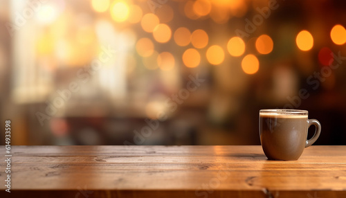 Wooden table in front of lights in a coffe store, background, Generative AI