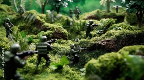 green plastic toy soldiers on a mission generative ai © ThisDesign