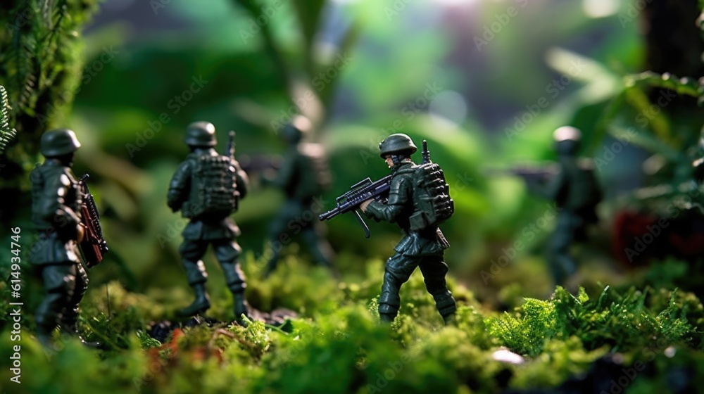 green plastic toy soldiers advancing through a jungle generative ai