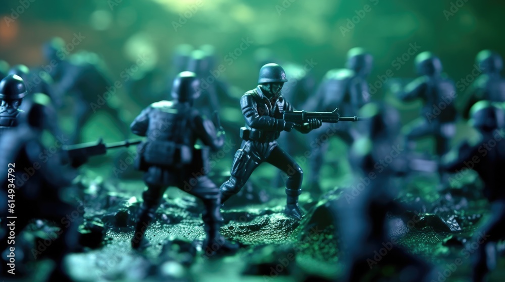 green plastic toy soldiers advancing under heavy fire. generative ai