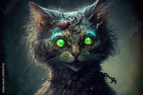 Undead smiling cat monster portrait. Head shot. Front view.