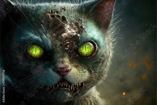 Undead demon cat portrait. Front view. Head shot.