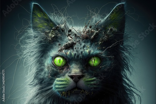 Cat monster head portrait on isolated background. Front view.