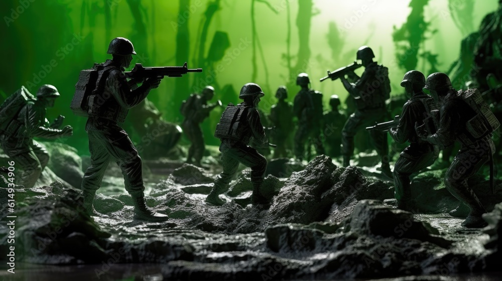 green plastic toy soldiers in the midst of a battlefield. generative ai