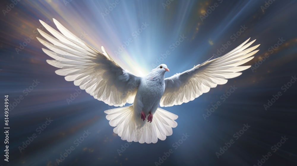 Obraz premium a dove flying towards a beam of celestial light generative ai