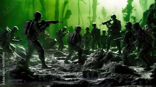 green plastic toy soldiers in the midst of a battlefield. generative ai