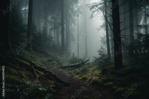 Misty start in the evergreen woods. Generative AI