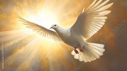 a dove flying towards a beam of celestial light generative ai © ThisDesign
