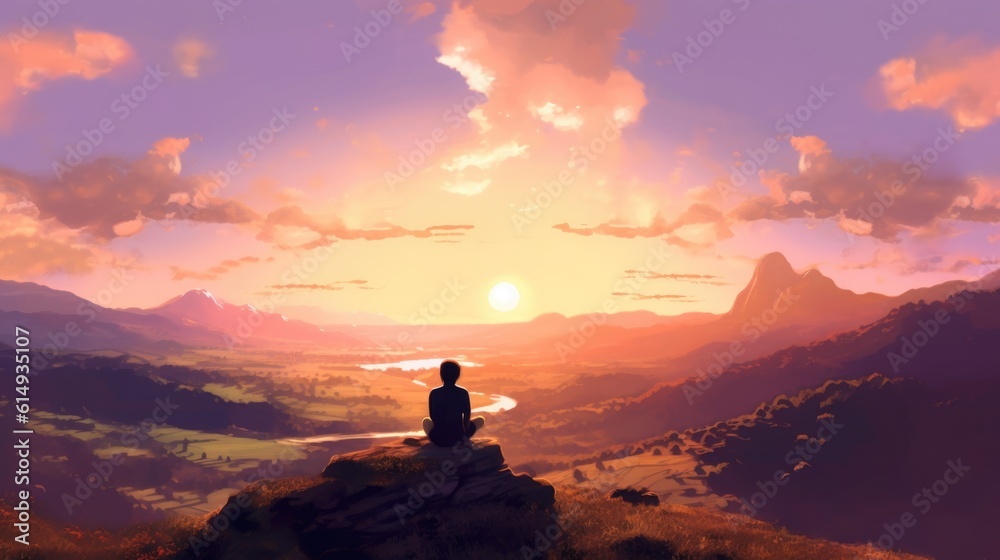 person sitting on a hilltop, looking out at a peaceful valley generative ai