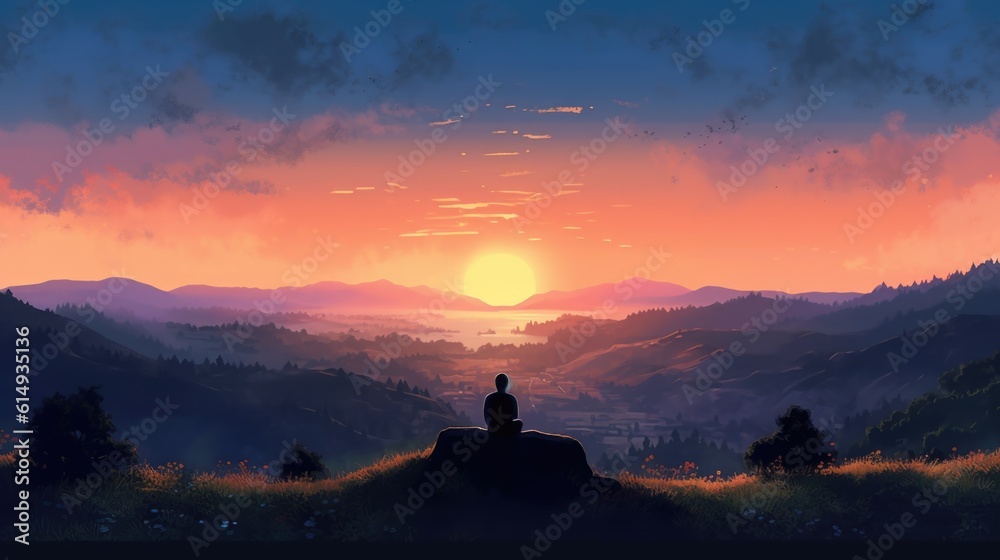 person sitting on a hilltop, looking out at a peaceful valley generative ai