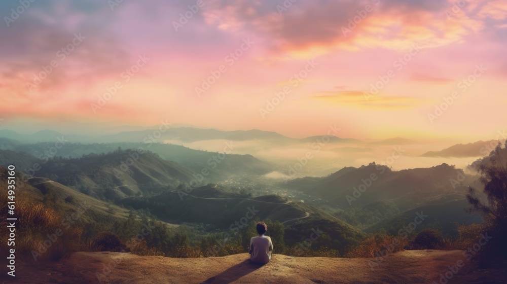 Obraz premium person sitting on a hilltop, looking out at a peaceful valley generative ai