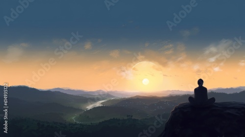 person sitting on a hilltop, looking out at a peaceful valley generative ai