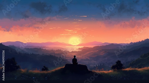 person sitting on a hilltop  looking out at a peaceful valley generative ai
