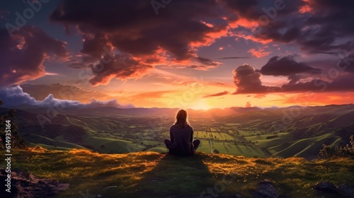 person sitting on a hilltop, looking out at a peaceful valley generative ai