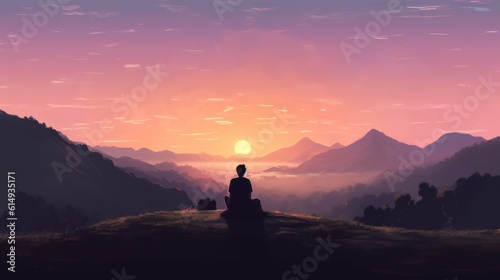 person sitting on a hilltop, looking out at a peaceful valley generative ai © ThisDesign