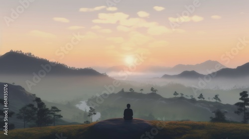 person sitting on a hilltop, looking out at a peaceful valley generative ai