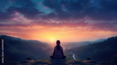person sitting on a hilltop  looking out at a peaceful valley generative ai