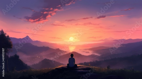 person sitting on a hilltop, looking out at a peaceful valley generative ai © ThisDesign