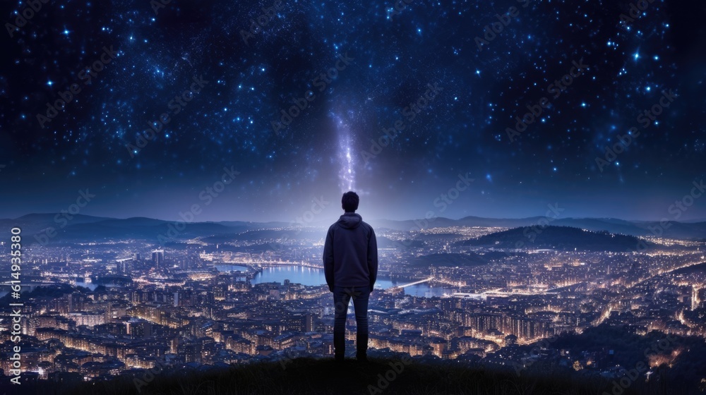 person standing on a hilltop, looking out at a cityscape under a starry sky generative ai