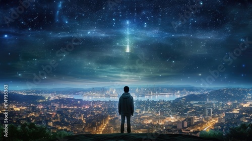 person standing on a hilltop  looking out at a cityscape under a starry sky generative ai