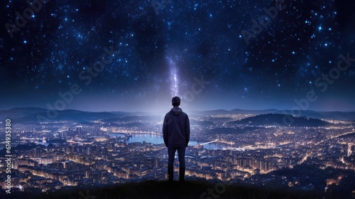 person standing on a hilltop  looking out at a cityscape under a starry sky generative ai